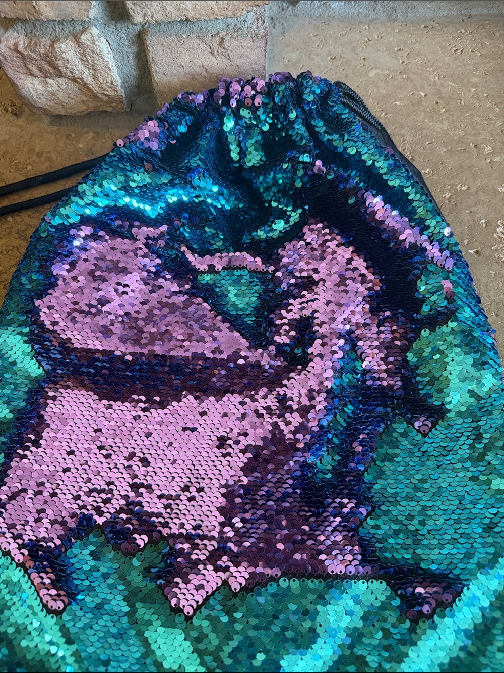 Mermaid Sequin Drawstring Backpack in Teal & Purple Reversable - Picture 7 of 8